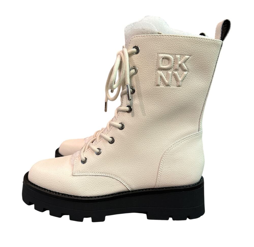 DKNY Combat Boots Womens 7.5 M Ivory Cream Lace Up Lug Sole Platform Zip NWOB